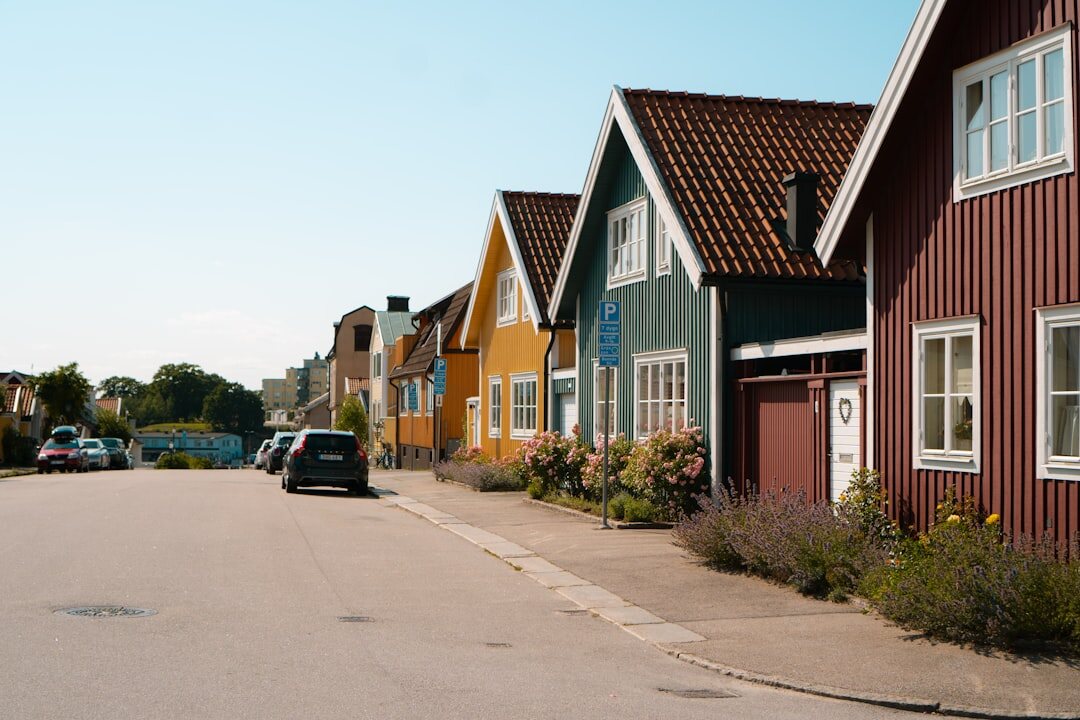 Small Danish coastal village street with colorful houses